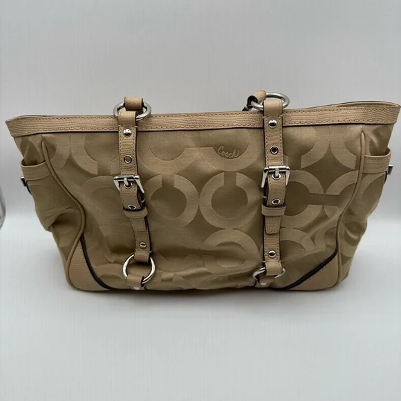 Coach East West Chelsea Op Art Tan Shoulder Bag Signature Tote Bag Pre Owned - Picture 2 of 9